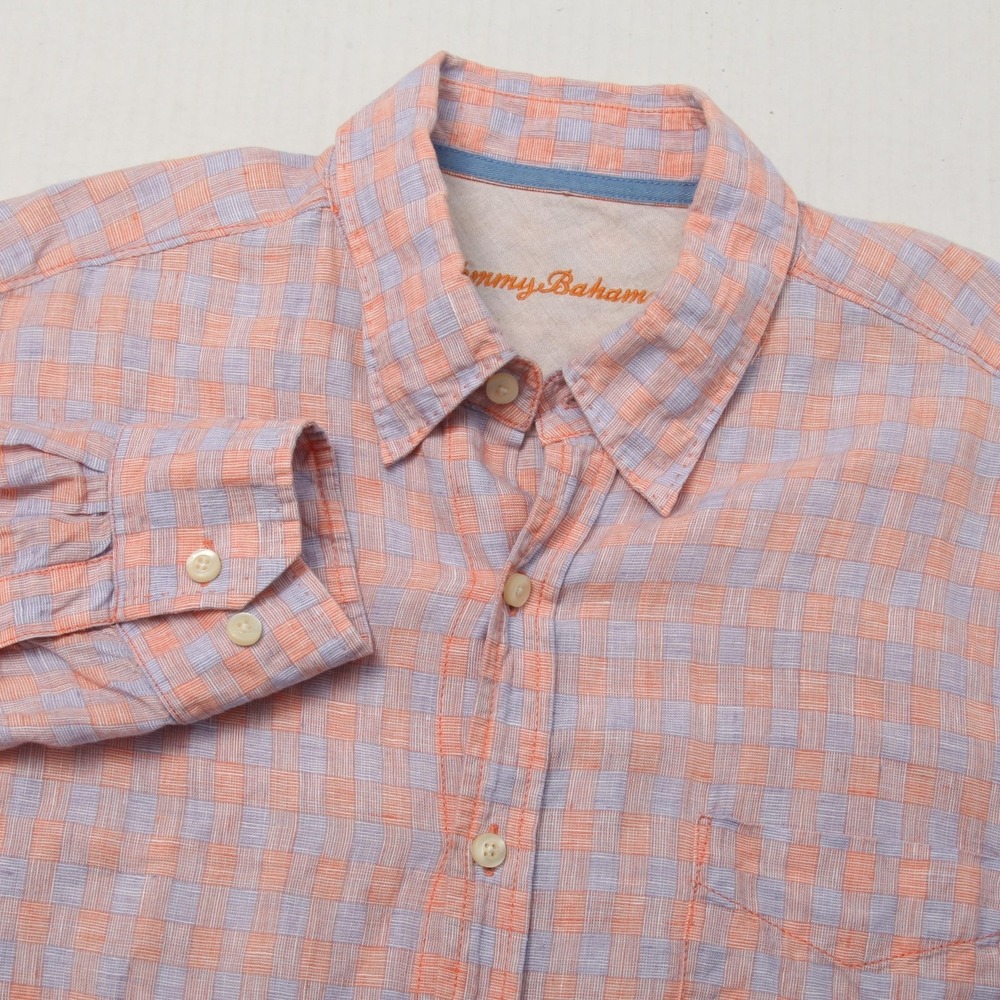 Tommy Bahama Shirt Mens Large Orange Purple Check Linen Long Sleeve Button Up